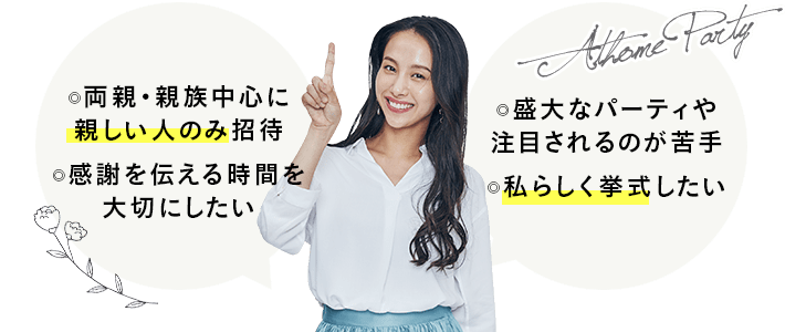 両親・親族中心に親しい人のみ招待　感謝を伝える時間を大切にしたい　盛大なパーティや注目されるのが苦手　私らしく挙式したい