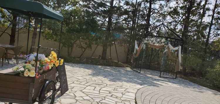 お庭の写真。花が飾ってあり華やかで、温かみがあり、木々の隙間から溢れる日差しが心地よかったです。