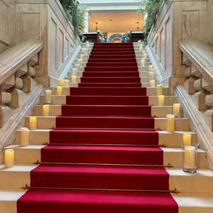 有名な大階段。赤い絨毯に白のドレスが映えそう。