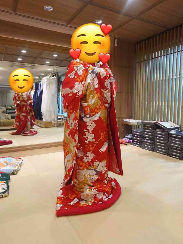 色打掛の背面。お試しの色打掛は赤と緑と水色から選べました。