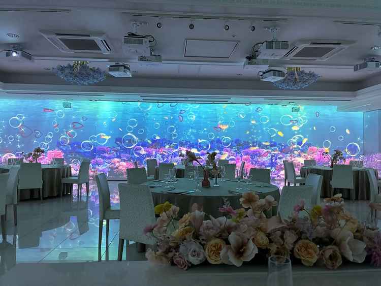 披露宴会場シャンティの写真。会場全体にプロジェクションマッピングが映し出され、圧巻の景色でした。