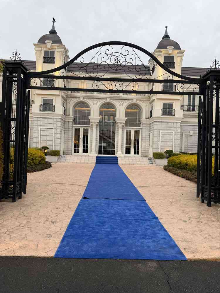 正面。青いカーペットがとても素敵で、お城のような外観はとても理想に近いものでした。