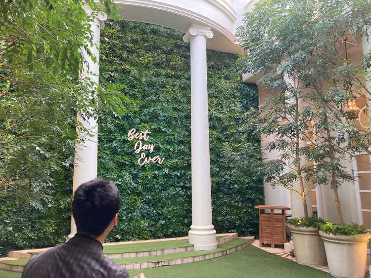 オープンガーデンが緑が綺麗でウエディングドレスがよく映える。