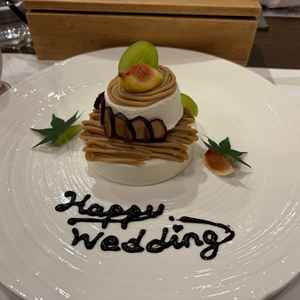 試食のデザートの写真。モンブランのショートケーキだった。メインだけでなくデザートも美味しかった。