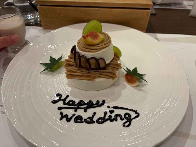 試食のデザートの写真。モンブランのショートケーキだった。メインだけでなくデザートも美味しかった。