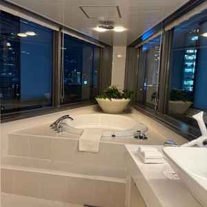 挙式前後の1日で宿泊できる客室のお風呂です。梅田の夜景を一望でき開放感のあるお風呂でした。