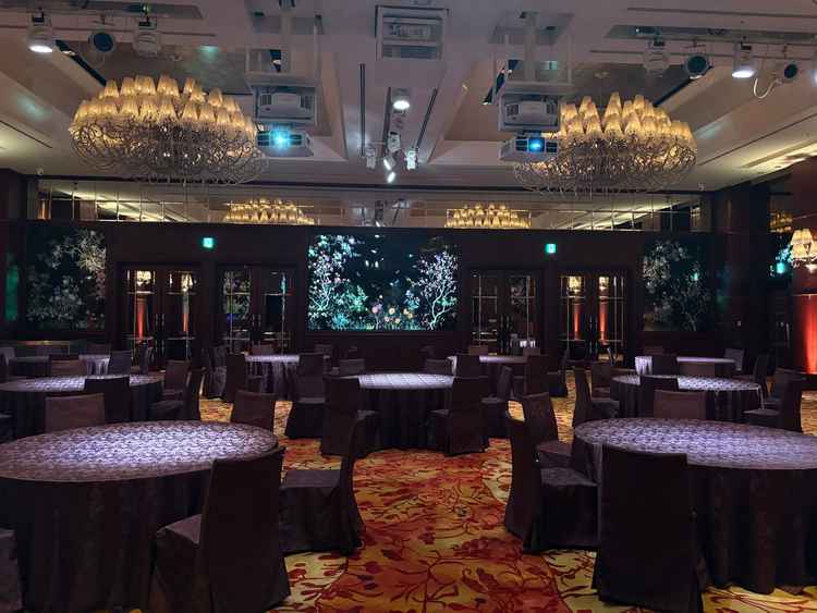 プロジェクションマッピングが出来る華やかな披露宴会場。装花がなくても華やかに感じる。
