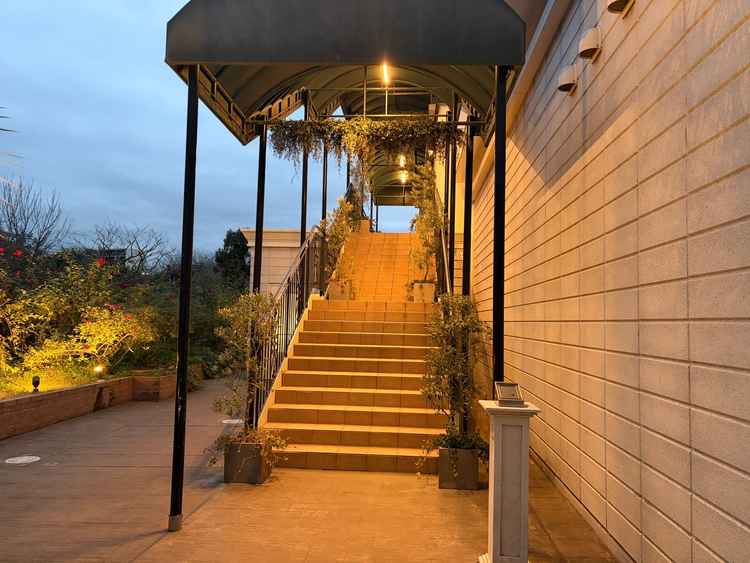 ロビー前の階段。隣の薔薇園が見えて綺麗でした。