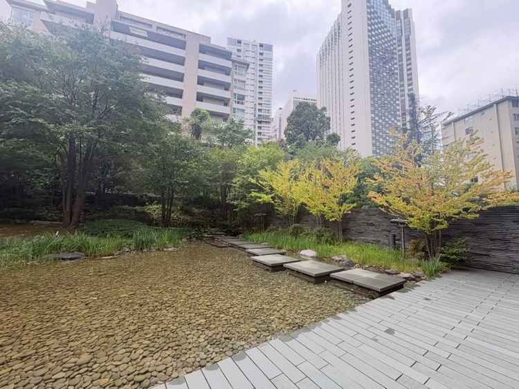 広く立派な庭園。飛び石を渡ってのサプライズ入場ができる。