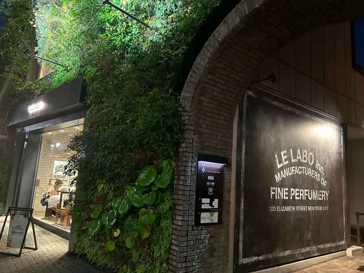 会場の入口。お店とお店の間にトンネルがあり、隠れ家のようなのとグリーンが前面にあしらわれた壁画が素敵