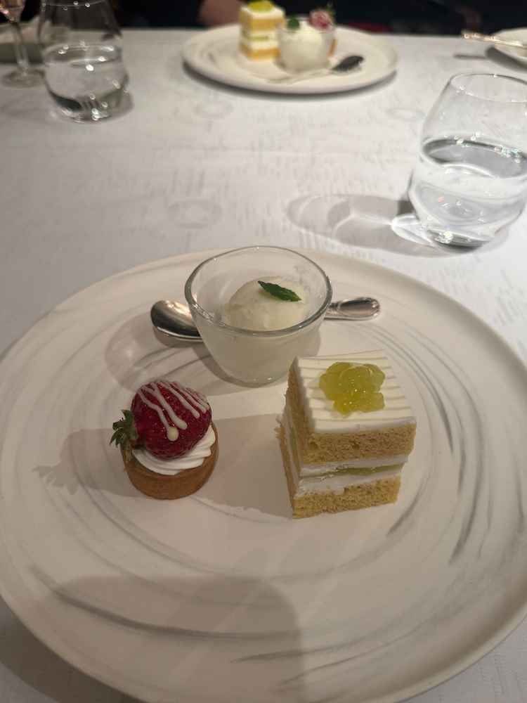 デザートは３種類いただいた。程よい甘さで飽きがなく見た目も良かった。コースの組み合わせも可能とのこと