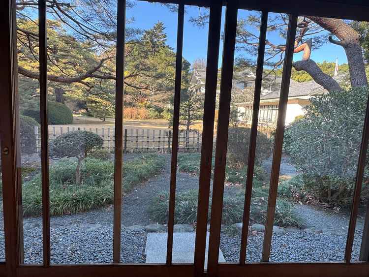 明治神宮内の披露宴会場の1つである、桃林荘の中からみた庭の景色です。