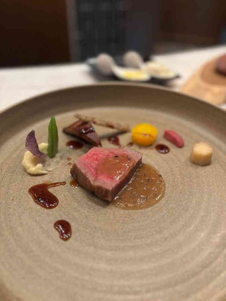フルコース試食の肉料理です。国内産のお肉で柔らかく味だけでなく食感も楽しめる料理でした。