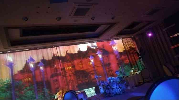 カーテンにムービーを映し出しているところ