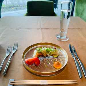 試食でいただいた前菜です。付け合わせのフレッシュトマトやラタトゥイユソース、サーモンのタルトです。