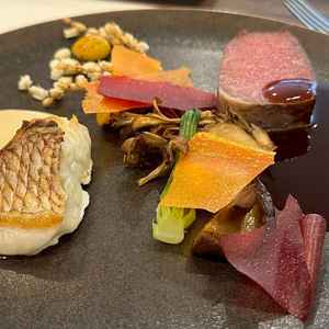 式当日は別皿で来るが、試食ではビーフとポアレが同皿に。質はまずまず、口で溶けるほどではない