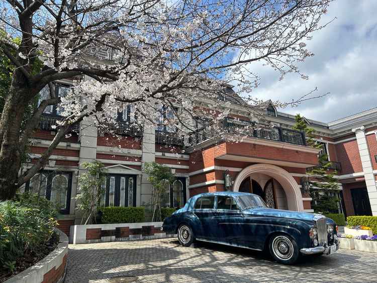 入り口です。桜の時期で桜が綺麗です。車もいい味出してます。