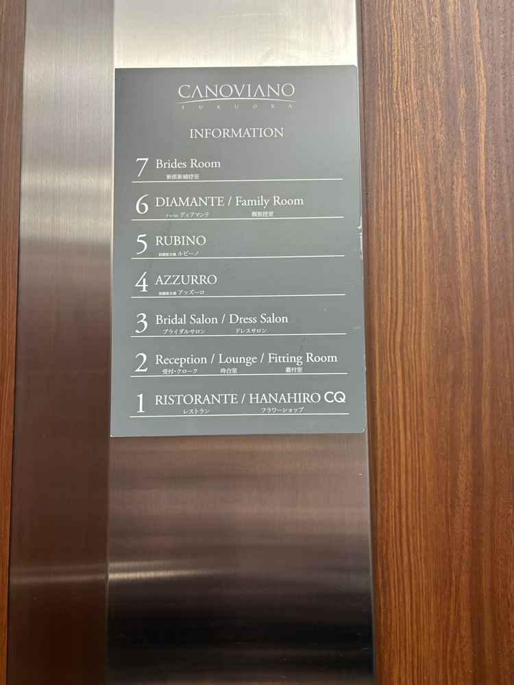 館内の階数と会場案内。ゲストはチャペルや披露宴会場をエレベーターで移動すると教えて頂いた。