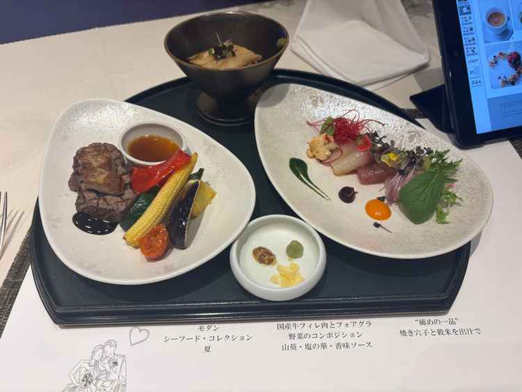 お肉と魚料理と穴子の出汁茶漬けの試食でした。新婦新郎で違う試食だったのでシェアして食べる形でした。