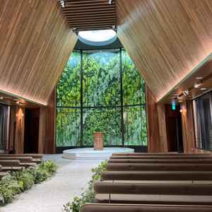 チャペル緑がたくさんで、雨でも綺麗な演出になりそう！天井が広くて素敵だなと思った