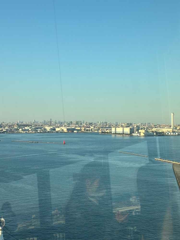 夕方の海側の景色。遠くにスカイツリーが見える絶景。反対側は富士山も見える。