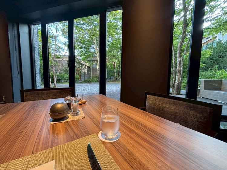 部屋の中から見る中庭の様子。中庭には軽井沢らしさのある緑が多く自然を感じられる。