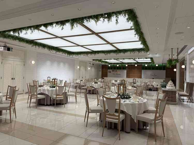 披露宴会場。オープンキッチンがあってゲストに楽しんでもらえそう。