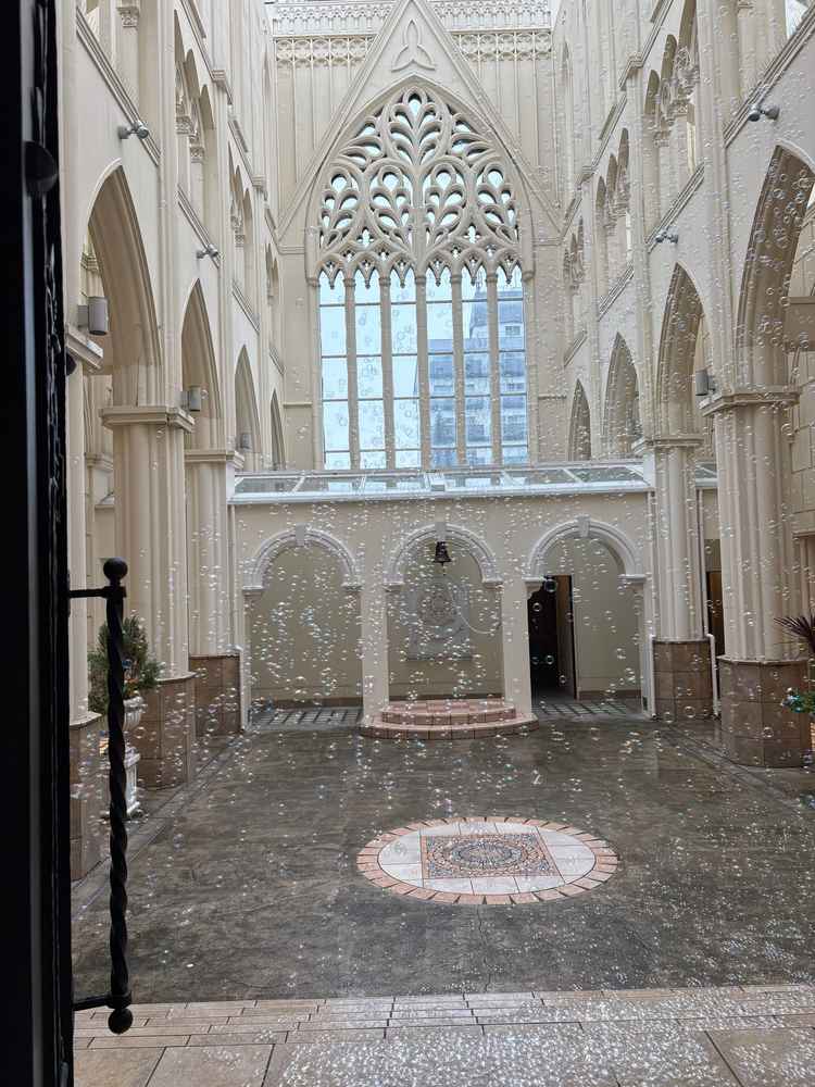 挙式後の集合写真やブーケトスなどに使用できるガーデン。吹き抜けになっていて、開放感のある空間。