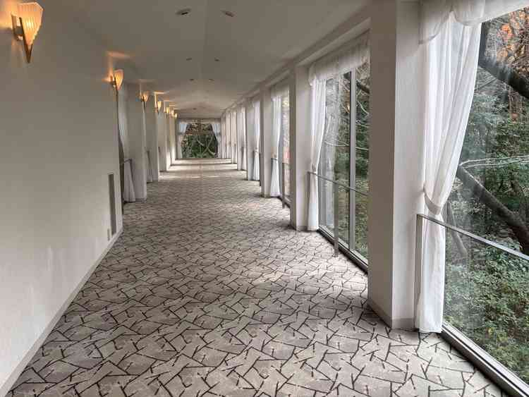 チャペルまで続く渡り廊下。雨天時でも安心かつベビーカーや車椅子でも安心。外の庭見えるようになっていた