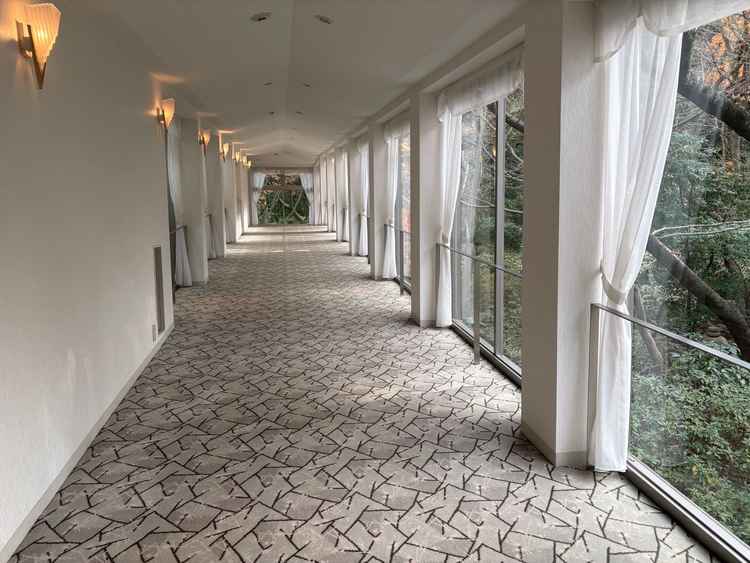 チャペルまで続く渡り廊下。雨天時でも安心かつベビーカーや車椅子でも安心。外の庭見えるようになっていた