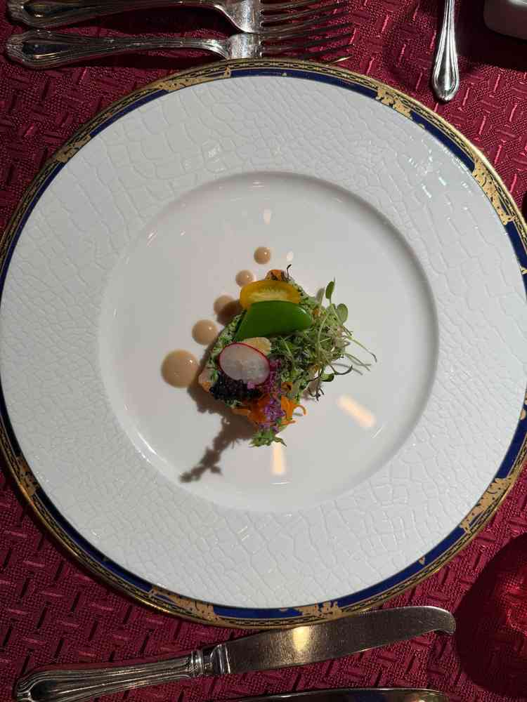 奥三河絹姫サーモンと帆立貝のタルタル”豊浜しのこ露”風味 庭園仕立て