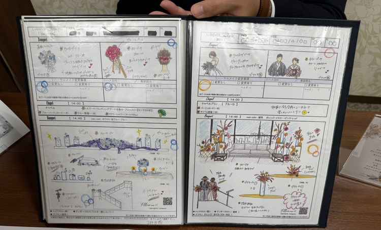 実際に行われた、過去の結婚式の打ち合わせの用紙を見せていただき、イメージが湧くと共に楽しみになった。