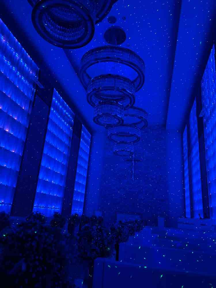 星空演出もできるよう。照明などで挙式中の雰囲気が変えられる点はいいと思った。