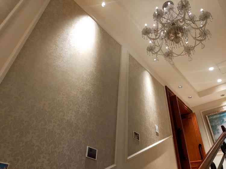 廊下の階段。ところどころ壁紙の汚れや剥がれは気になった。