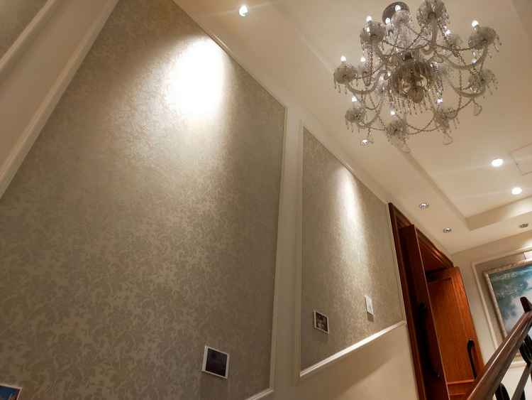 廊下の階段。ところどころ壁紙の汚れや剥がれは気になった。