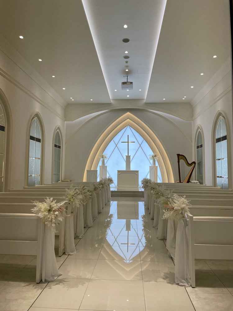 会場ホワイトハウスのチャペル、十字架は取り外し可能で和装でも違和感なくできるそう