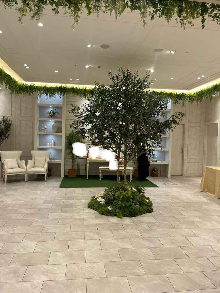 ウェルカムスペースの写真です。一本の木に、来場者との思い出の写真が飾られていました。