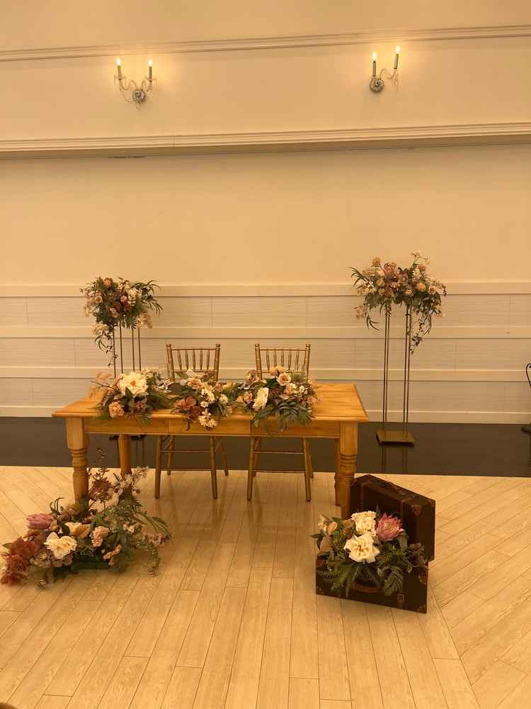 新郎新婦の椅子の雰囲気。実際に椅子の近くから全体を見渡すと、ガーデンまで広々としていて良かったです。