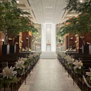 本物の木を使った落ち着くチャペル。星空演出は動画で見せていただいた。