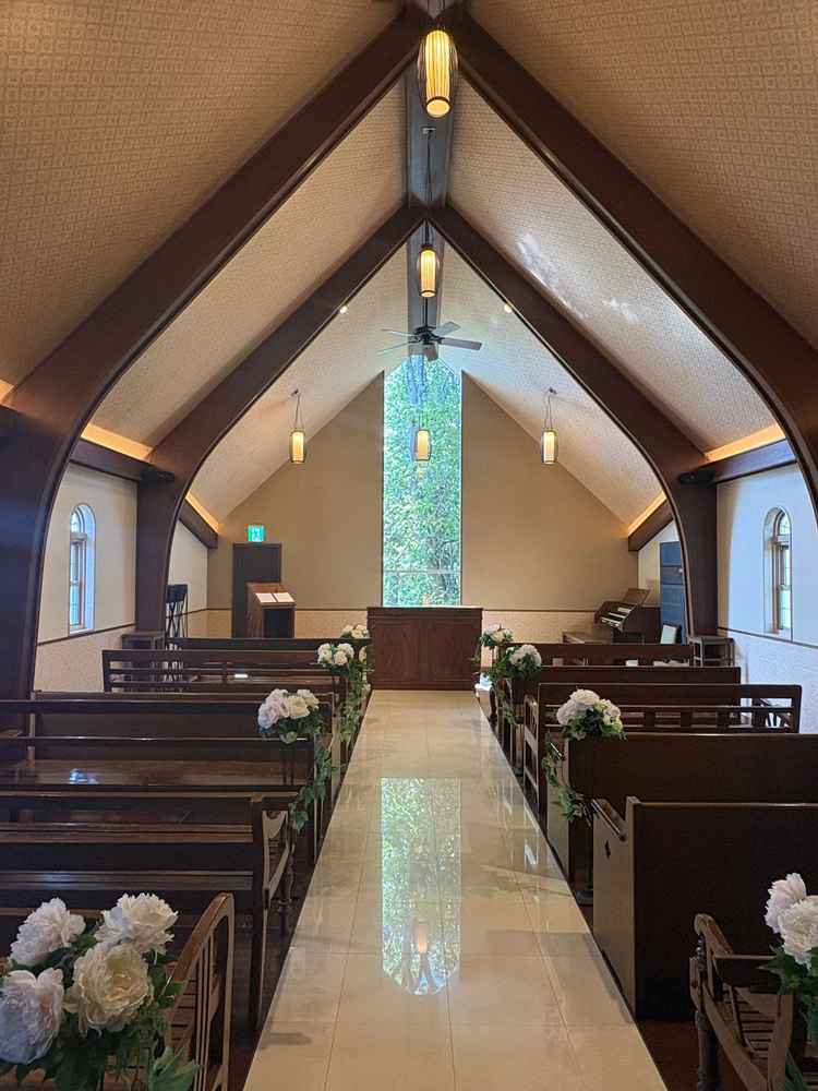 一本のどんぐりの木が見える挙式会場。ゲストが座る席は海外チャペルの輸入品で一つ一つデザインが異なる。