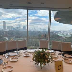 翠鳳の間。天気がいい日は富士山が見えるとのこと。庭と東京のビル群の対比が綺麗だと思いました。