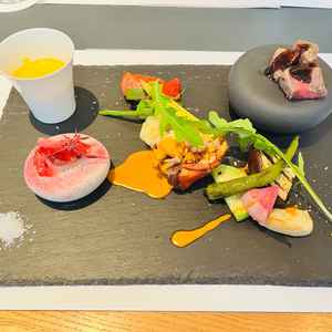 試食会のお料理。盛付けが綺麗でトリュフソースがかかったお肉がとても美味しかったです。