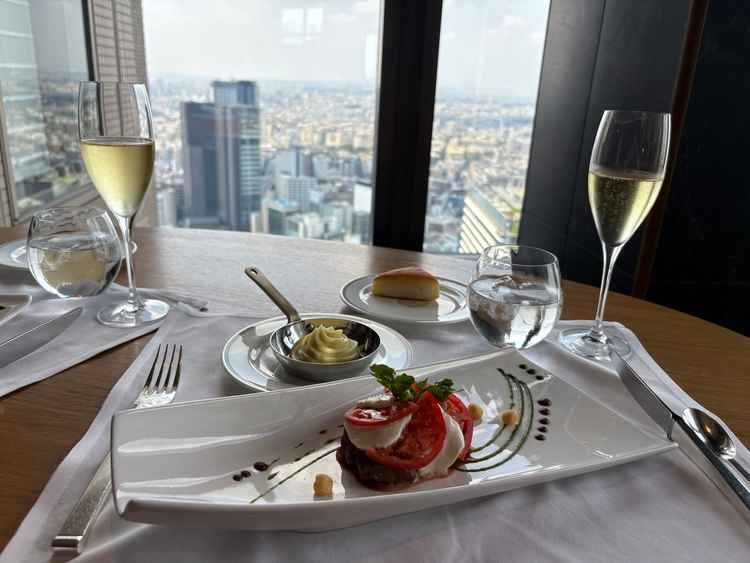 披露宴会場と同じくらいの階から風景。また、牛フィレ肉。他にない、和を感じるフレンチでした。