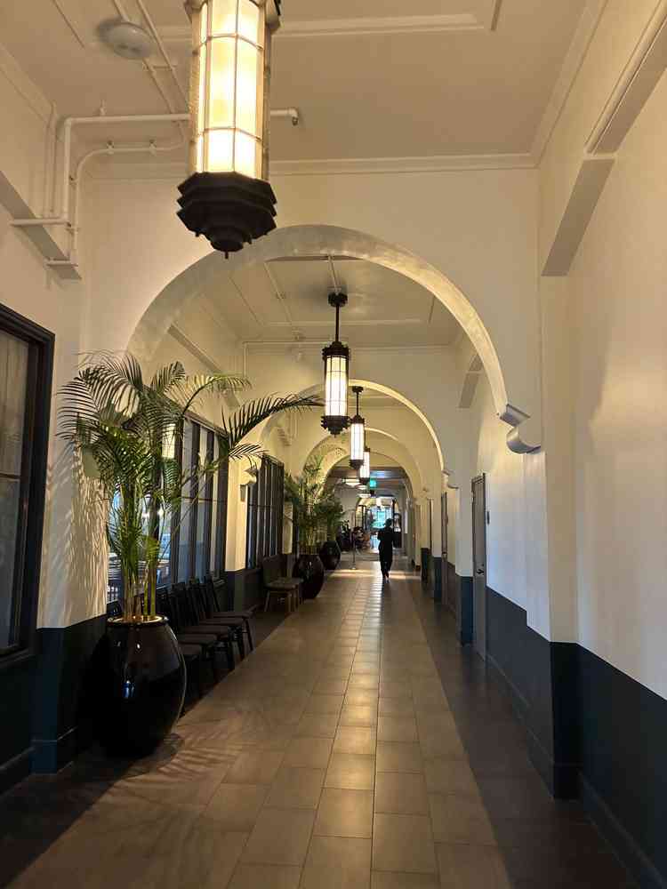 アーチ状の廊下、緑があり暖色系のランプがとても素敵で広々とした空間で非現実感があり素敵でした！