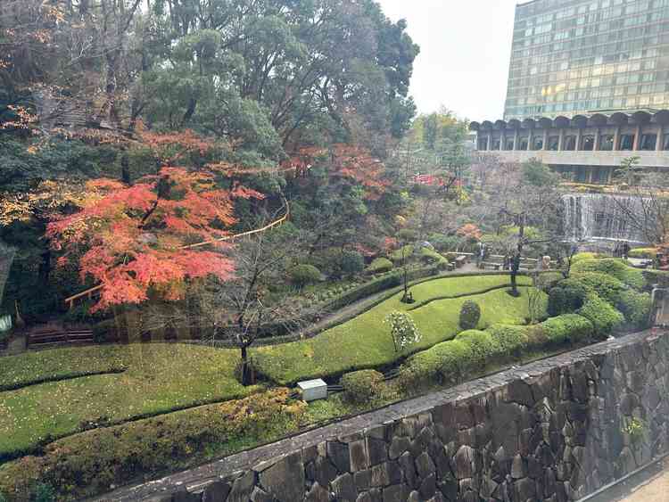 きくの間から見える日本庭園。滝が見えてとても綺麗です。天気が悪めでしたが気になりませんでした。