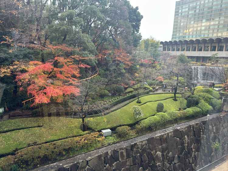 きくの間から見える日本庭園。滝が見えてとても綺麗です。天気が悪めでしたが気になりませんでした。