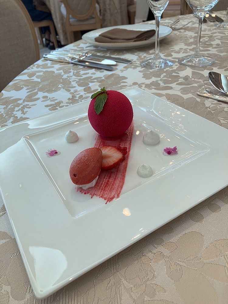 フュージョン料理のデザートのフランボワーズの球体型のデザートで見た目もとても綺麗で美味しかった。