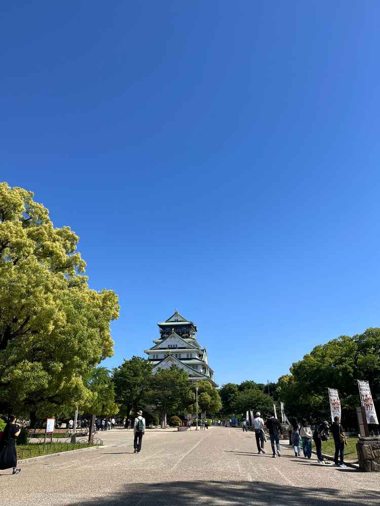 敷地内に圧倒的な存在感のある大阪城があります。