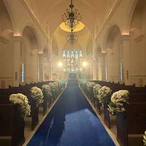 青いバージンロードが想像していたよりも断然素敵で綺麗でした。階段高く後ろからも見やすいと思います。