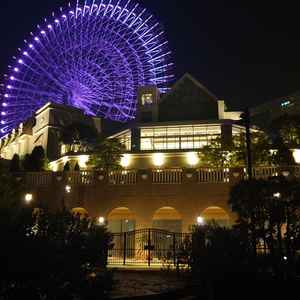 夜の外観写真。観覧車がバックに位置してて圧巻。